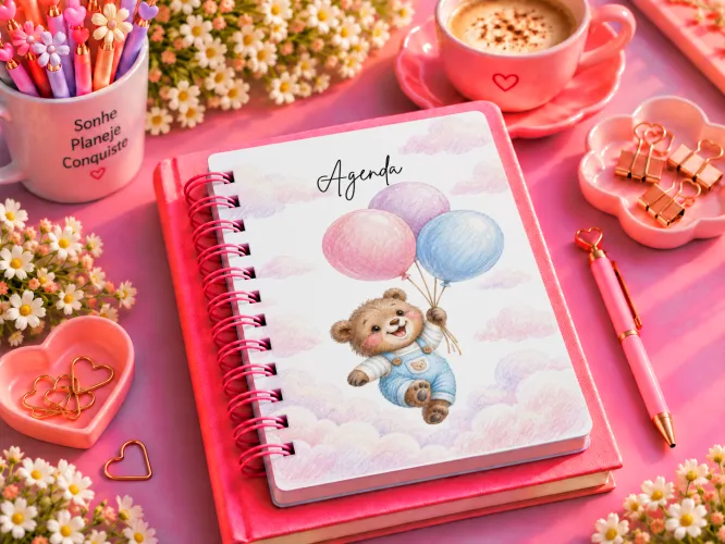 Agenda 2027 com ursinho fofo segurando balões em tons pastel
Arte para caneca com ursinho, balões coloridos e nuvens pastel