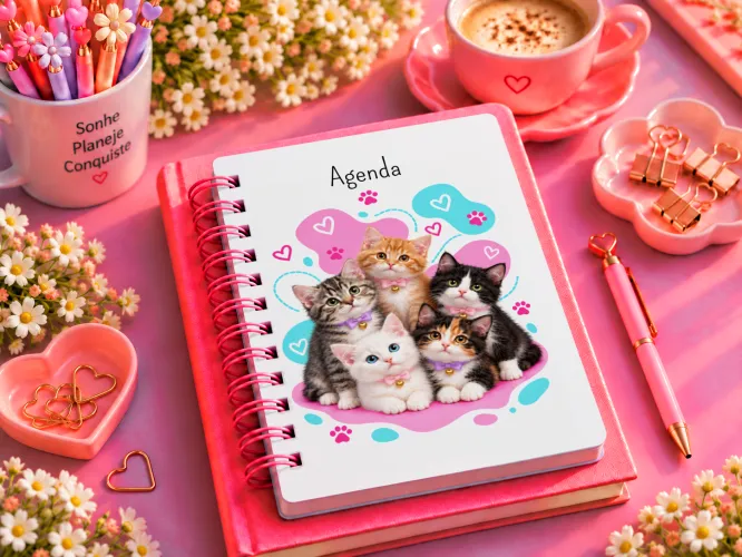 Agenda 2027 com gatinhos fofos, corações e patinhas
Arte para caneca com gatinhos fofos, corações e patinhas