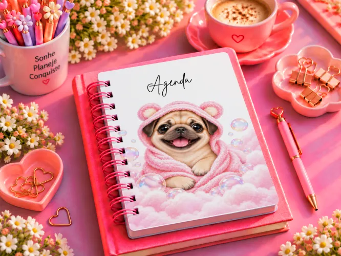 Agenda 2027 com Pug fofo usando capuz rosa e nuvens delicadas
Arte para caneca com Pug fofo em capuz rosa e bolhas delicadas