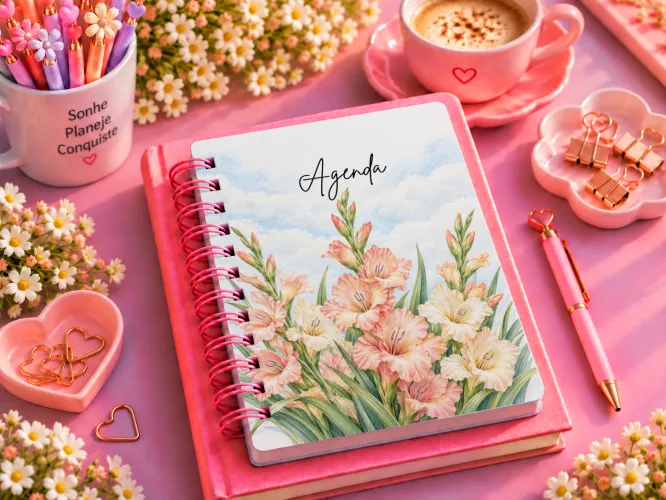 Kit Agosto 2027 com artes de gladíolos em PNG, agenda A5 em PDF e mockups para divulgação. Arquivos digitais para personalizados e sublimação.
