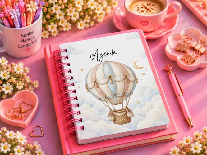 Kit Balão nas Nuvens 2027 com artes PNG para caneca e personalizados, agenda A5 em PDF e mockups para divulgação. Produto 100% digital.