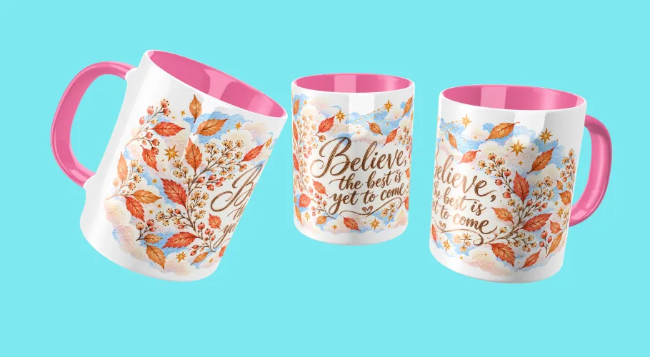 Kit Believe 2027 com artes PNG para caneca, ecobag, camiseta e almofada, além de agenda PDF A5 14,8 x 21 cm. Produto 100% digital.