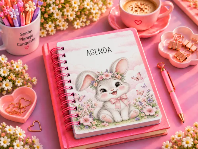 Kit Coelhinha Jardim 2027 com artes em PNG para caneca e ecobag e agenda A5 em PDF com capa, dados pessoais e página para anotações.