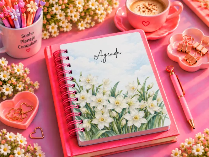 Kit Dezembro 2027 com artes de narciso em PNG, agenda A5 em PDF e mockups. Ideal para sublimação, personalizados e papelaria criativa.
