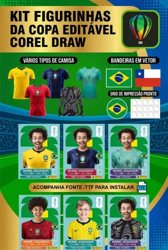 Kit Figurinhas da Copa Editável em CorelDRAW, ideal para quem deseja criar figurinhas personalizadas com aparência profissional e alta qualidade de impressão. O arquivo acompanha modelos editáveis de figurinhas, camisas em 4K, bandeiras em vetor, fonte TTF, grid de impressão e elementos organizados para facilitar a personalização.
