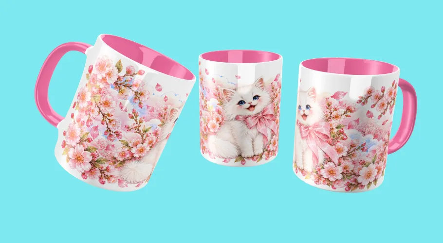 Kit Gatinha Cerejeira 2027 com artes PNG para caneca e ecobag e agenda PDF A5 14,8 x 21 cm. Arquivos digitais para personalizados.