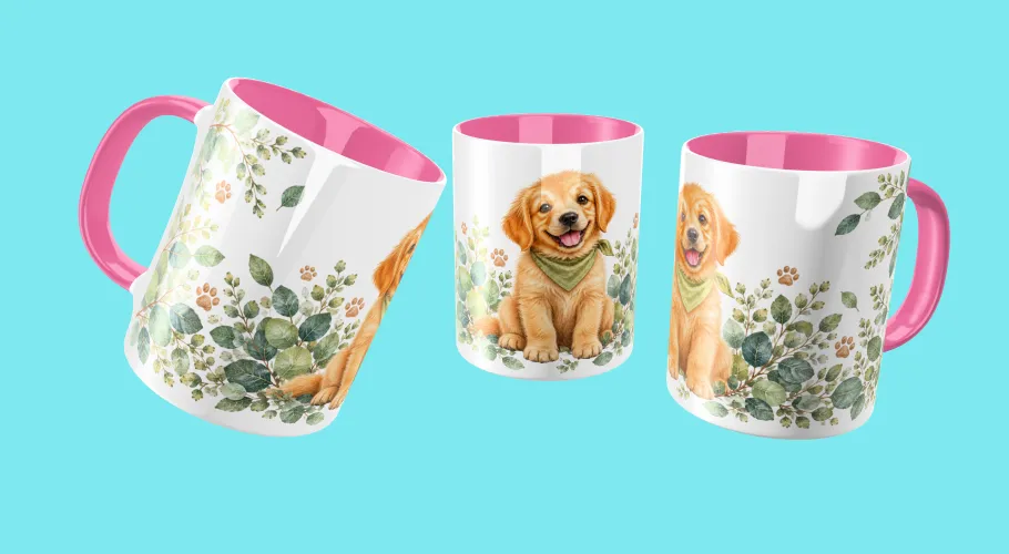 Kit Golden Retriever 2027 com artes PNG para caneca e ecobag e agenda PDF A5 14,8 x 21 cm. Arquivos digitais para personalizados.