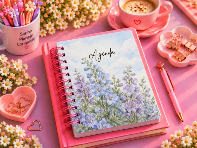 Kit Julho 2027 Delphinium com artes PNG para personalizados, agenda A5 em PDF e mockups para divulgação. Produto 100% digital.