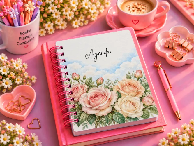 Kit Junho 2027 Rosas com artes PNG para caneca e personalizados, agenda A5 em PDF e mockups para divulgação. Produto digital.