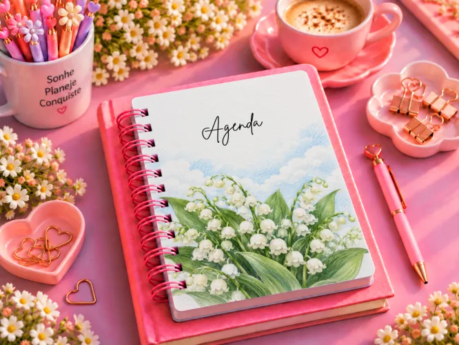 Kit Maio 2027 Lírio-do-Vale com artes PNG para caneca e personalizados, agenda A5 em PDF e mockups para divulgação. Produto digital.
