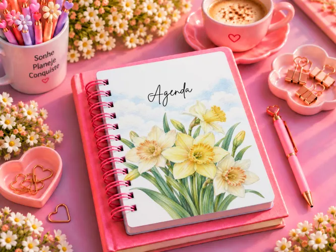 Kit Março Narcisos 2027 com artes PNG para caneca e personalizados, além de agenda PDF A5 com capa, dados pessoais e página para anotações.
