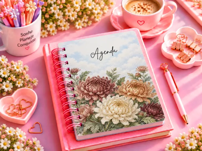 Kit Novembro 2027 com artes de crisântemo em PNG, agenda A5 em PDF e mockups para divulgação. Ideal para sublimação e personalizados.