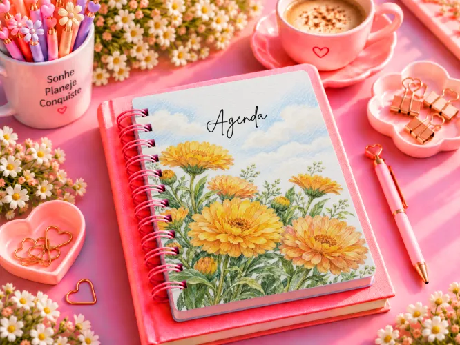 Kit Outubro 2027 com artes de calêndula em PNG, agenda A5 em PDF e mockups para divulgação. Arquivos digitais para sublimação e personalizados.