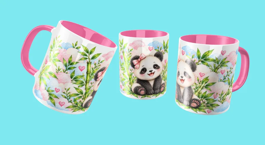 Kit Panda Fofo 2027 com artes PNG para caneca e ecobag e agenda PDF A5 14,8 x 21 cm. Arquivos digitais prontos para personalização.