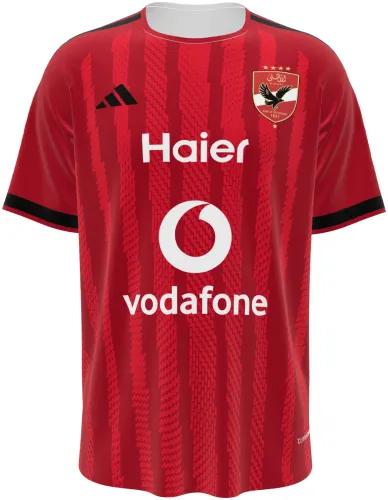 Camisa titular do Al Ahly SC 2026 - 2027 vermelha com listras finas e ombro preto, frente e costas