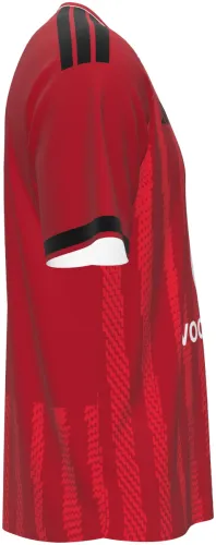 Camisa titular do Al Ahly SC 2026 - 2027 vermelha com listras finas e ombro preto, frente e costas