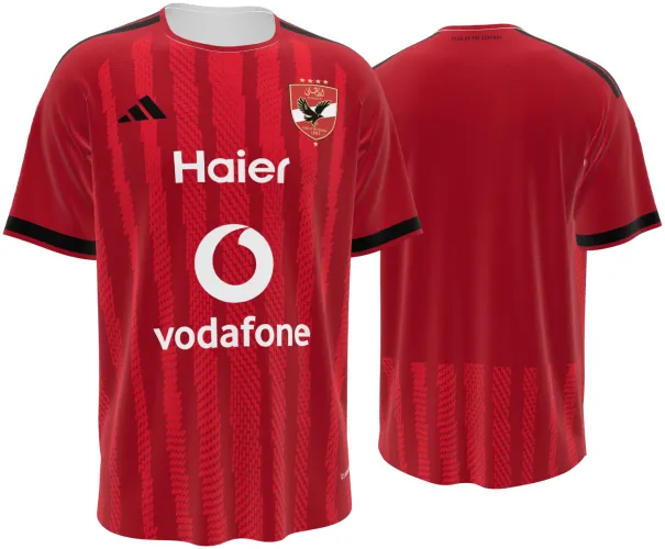 Camisa titular do Al Ahly SC 2026 - 2027 vermelha com listras finas e ombro preto, frente e costas