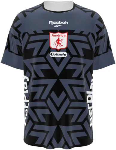 Camisa de goleiro do América de Cali 2026 cinza e preta com grafismo geométrico, frente e costas