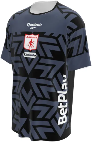 Camisa de goleiro do América de Cali 2026 cinza e preta com grafismo geométrico, frente e costas