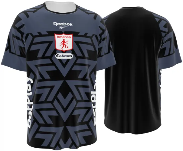 Camisa de goleiro do América de Cali 2026 cinza e preta com grafismo geométrico, frente e costas