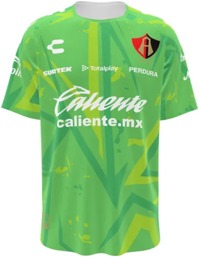 Camisa de goleiro do Atlas FC 2026 - 2027 verde-limão com raios amarelos, frente e costas