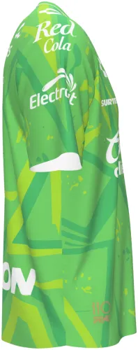 Camisa de goleiro do Atlas FC 2026 - 2027 verde-limão com raios amarelos, frente e costas