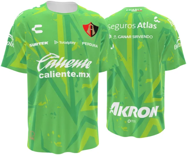 Camisa de goleiro do Atlas FC 2026 - 2027 verde-limão com raios amarelos, frente e costas