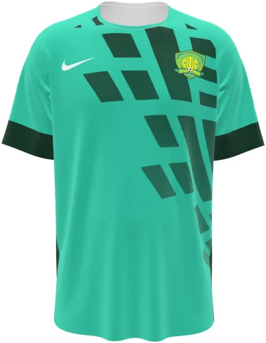 Camisa titular do Beijing Guoan 2026 verde com traços diagonais escuros, frente e costas