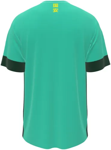 Camisa titular do Beijing Guoan 2026 verde com traços diagonais escuros, frente e costas