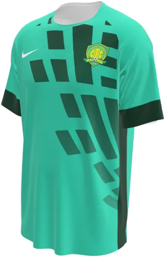 Camisa titular do Beijing Guoan 2026 verde com traços diagonais escuros, frente e costas