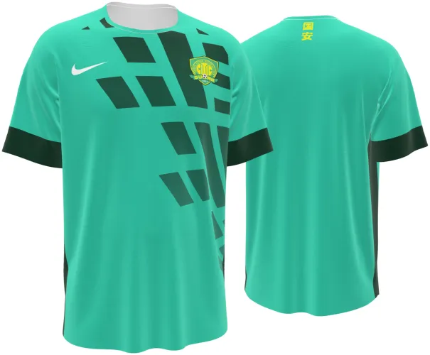 Camisa titular do Beijing Guoan 2026 verde com traços diagonais escuros, frente e costas