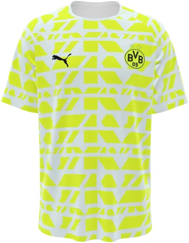 Camisa de pré-jogo do Borussia Dortmund 2025 - 2026 branca com formas amarelo-neon, frente e costas