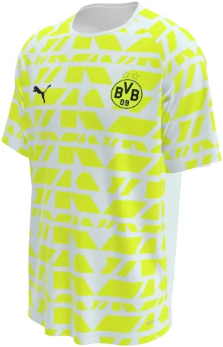 Camisa de pré-jogo do Borussia Dortmund 2025 - 2026 branca com formas amarelo-neon, frente e costas