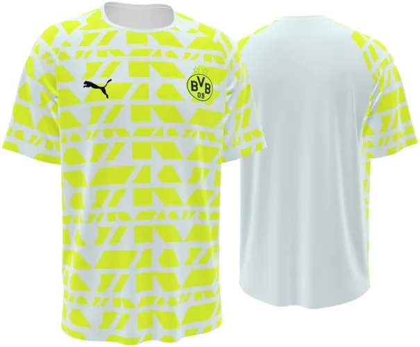 Camisa de pré-jogo do Borussia Dortmund 2025 - 2026 branca com formas amarelo-neon, frente e costas