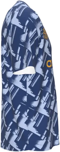 Camisa de pré-jogo do Cambridge United 2026 - 2027 azul com pinceladas cruzadas, frente e costas