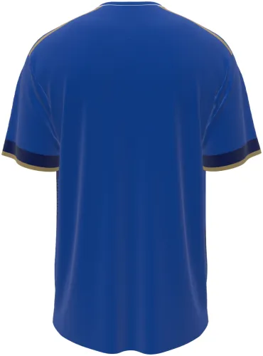 Camisa titular do Chipre 2026 azul com faixas de linhas finas, frente e costas