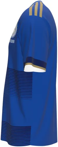 Camisa titular do Chipre 2026 azul com faixas de linhas finas, frente e costas