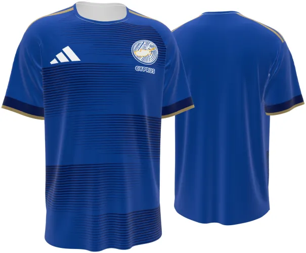 Camisa titular do Chipre 2026 azul com faixas de linhas finas, frente e costas