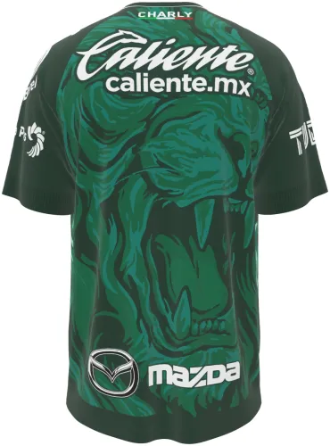Camisa titular do Club León 2026 - 2027 verde com a cara de um leão pintada, frente e costas