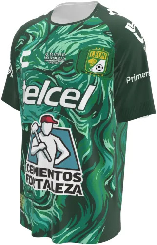Camisa titular do Club León 2026 - 2027 verde com a cara de um leão pintada, frente e costas