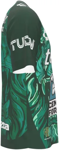Camisa titular do Club León 2026 - 2027 verde com a cara de um leão pintada, frente e costas