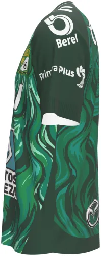 Camisa titular do Club León 2026 - 2027 verde com a cara de um leão pintada, frente e costas