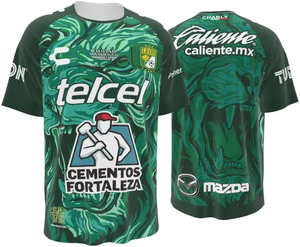 Camisa titular do Club León 2026 - 2027 verde com a cara de um leão pintada, frente e costas