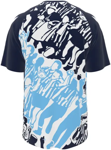 Camisa de pré-jogo do Coventry City 2026 - 2027 azul com uma multidão de torcedores desenhada, frente e costas