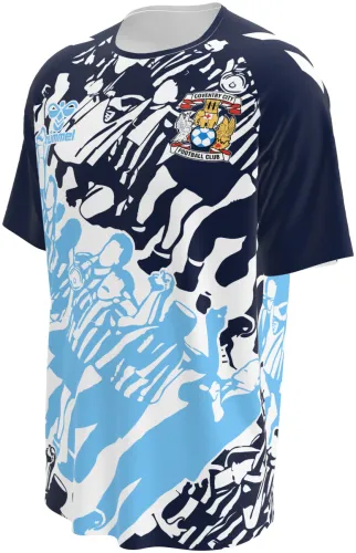 Camisa de pré-jogo do Coventry City 2026 - 2027 azul com uma multidão de torcedores desenhada, frente e costas