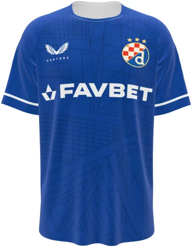 Camisa titular do Dinamo Zagreb 2026 - 2027 azul com traços geométricos finos, frente e costas