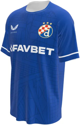 Camisa titular do Dinamo Zagreb 2026 - 2027 azul com traços geométricos finos, frente e costas