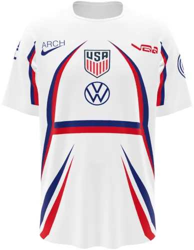 Camisa de pré-jogo dos Estados Unidos 2026 branca com curvas azuis e vermelhas, frente e costas