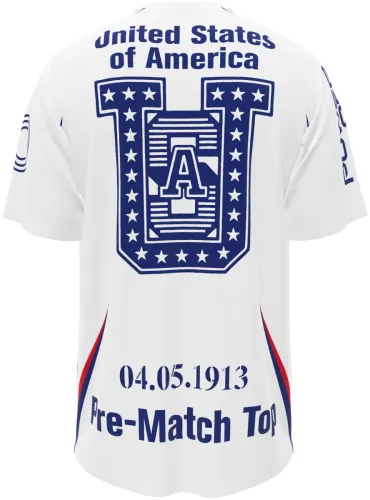 Camisa de pré-jogo dos Estados Unidos 2026 branca com curvas azuis e vermelhas, frente e costas