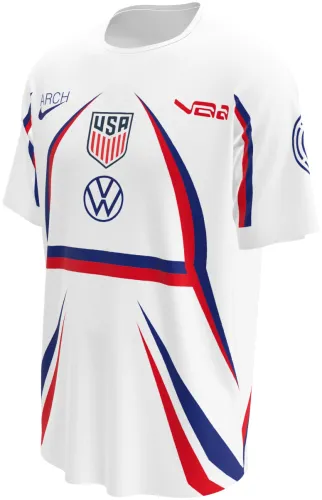 Camisa de pré-jogo dos Estados Unidos 2026 branca com curvas azuis e vermelhas, frente e costas